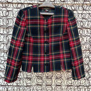 VTG 80s Requirements Red Black Holiday Christmas Plaid Crop Wool Blend Blazer 12